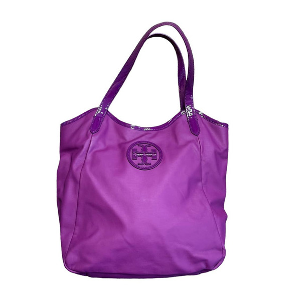 Tory Burch Handbags - Tory Burch Purple Logo Coated Canvas Tote Bag Hobo